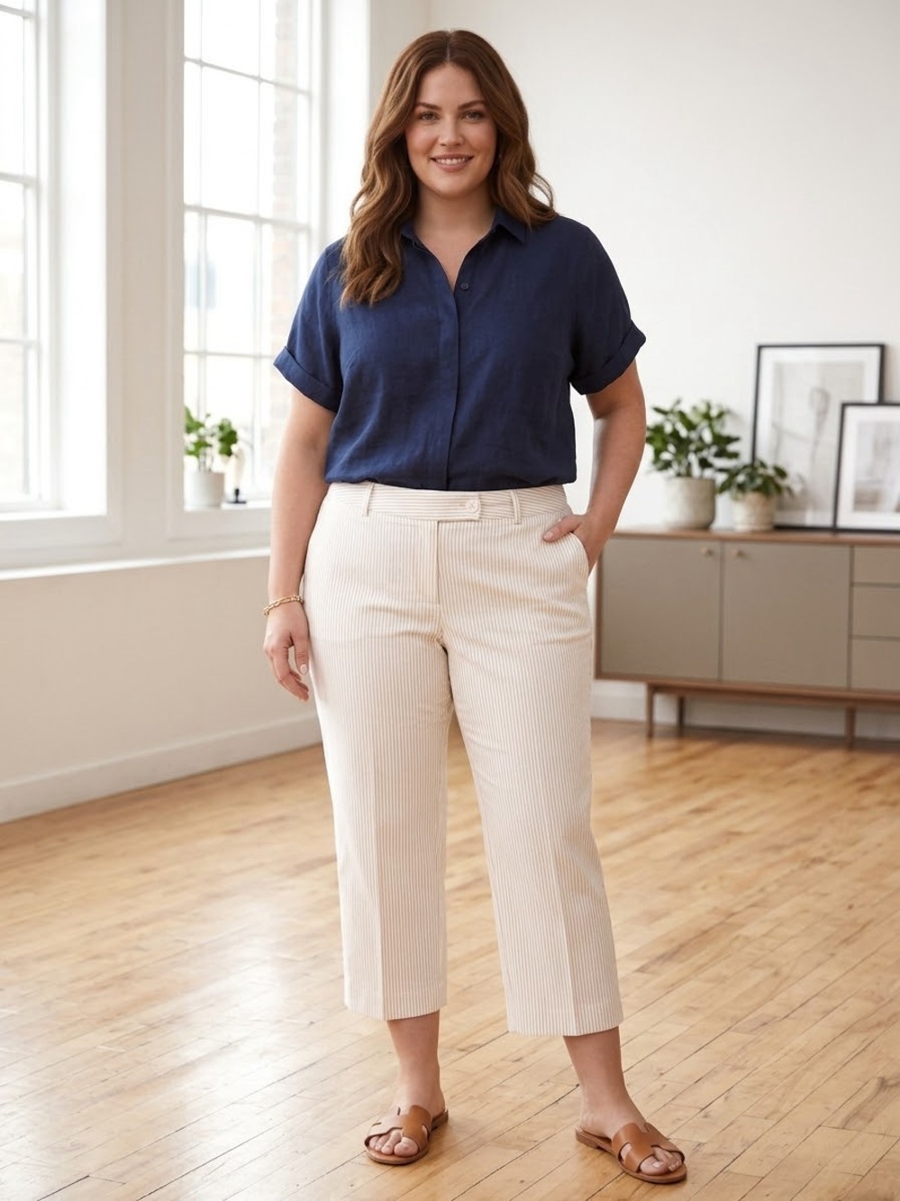 Jones New York White with Light Beige Pinstripe Capris
